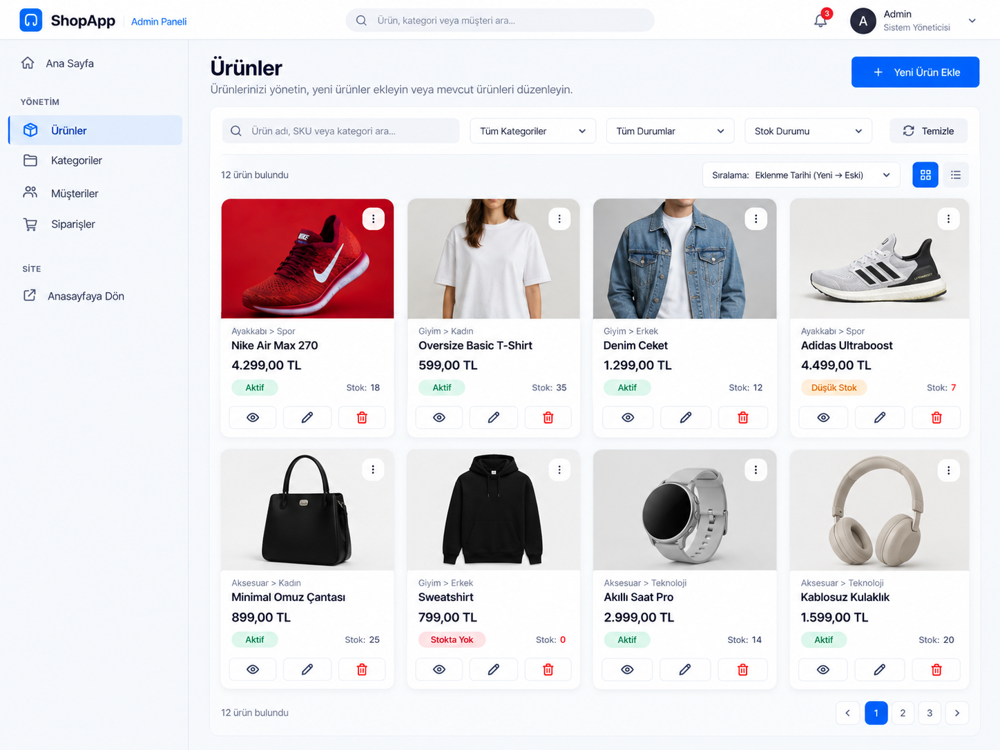 ShopApp product management interface design concept